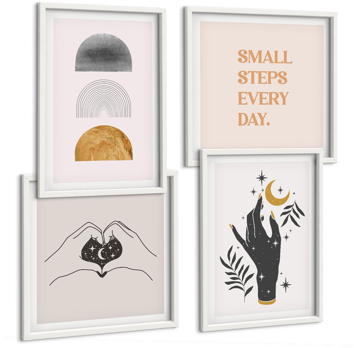 Wallfluent 4-Delige Schilderij Set - Minimalistische Esthetiek, Boho-Illustraties - 40 x 40 En 40 x 60 - Decoratieve Schilderijen - Wanddecoratie - Hal - Woonkamer Decoratie