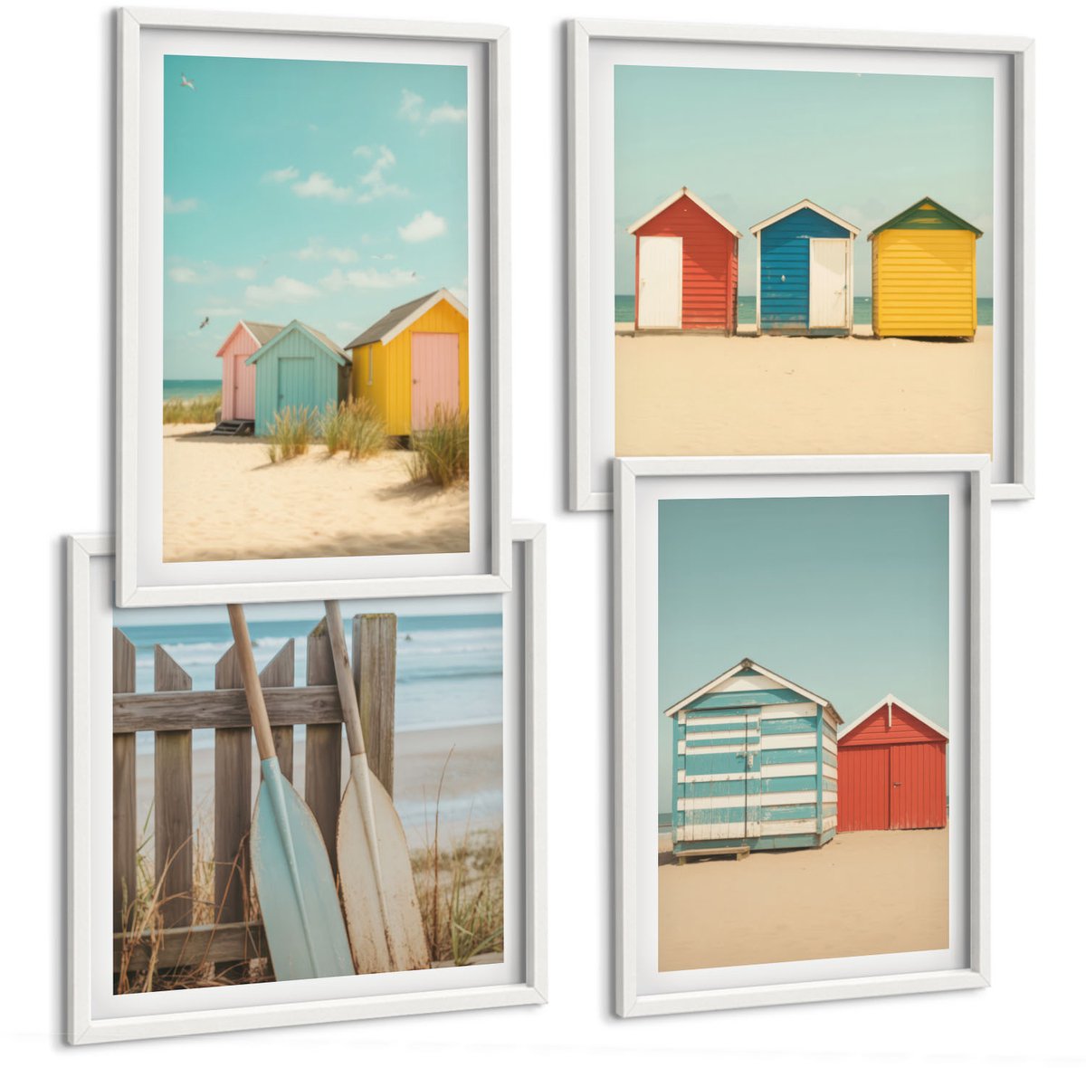 Wallfluent 4-Delige Schilderij Set - Kleurrijke Strandhuisjes Op Een Zonnige Dag - 40 x 40 En 40 x 60 - Muurdecoratie - Wanddecoratie - Slaapkamer - Woonkamer Decoratie