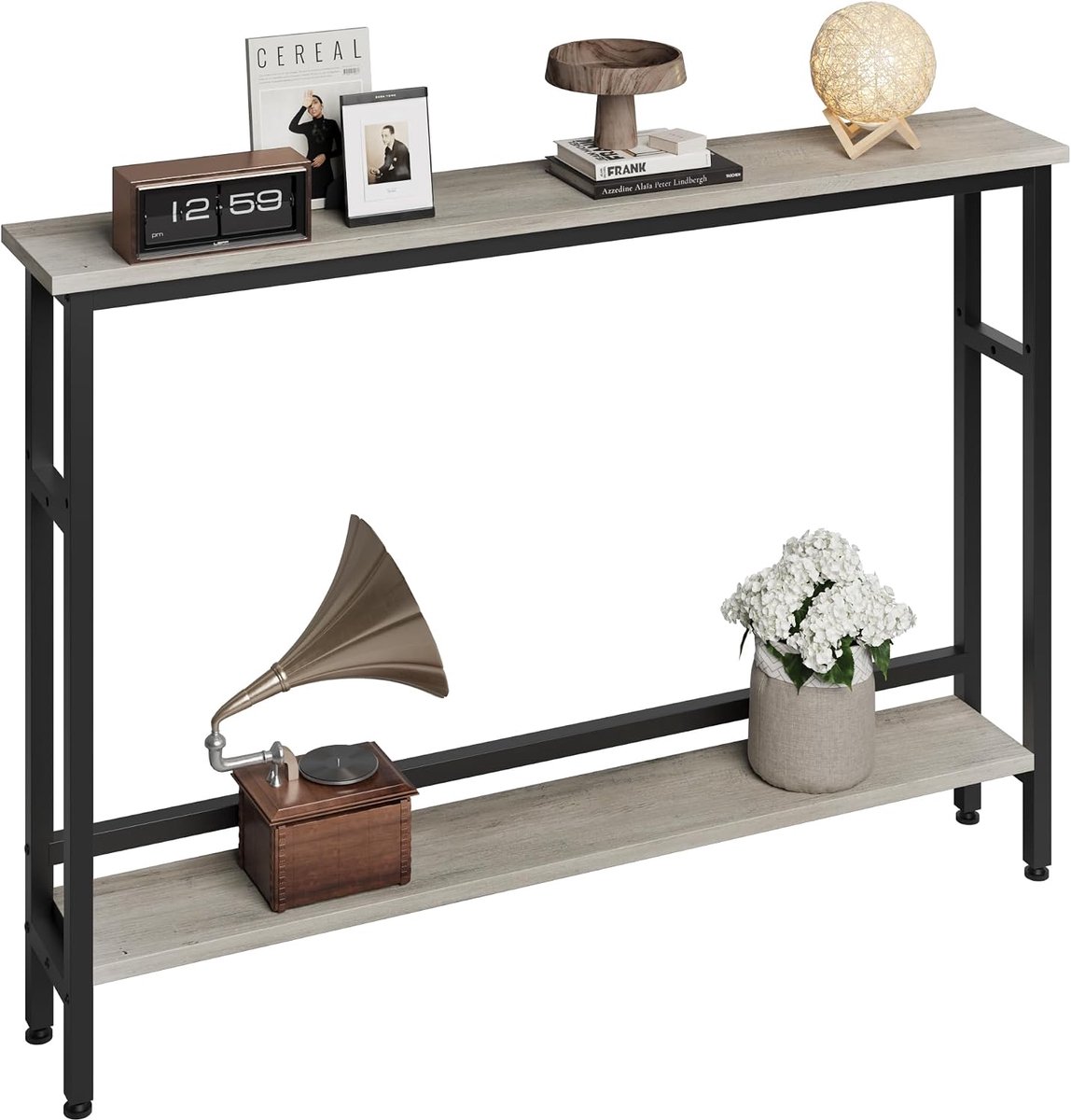 Smalle Sidetable - Console Tafel 100 cm Breed - Slechts 15 cm Diep - Haltafel met Verstelbare Plank - Industrieel Design - Grijs Houtlook - Achter de Bank Tafel