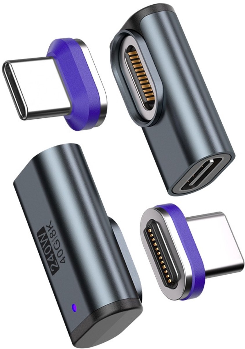 24-pins L-vormige 8K/40Gbps 240W Type-C magnetische adapter met extra magnetische Type-C connector