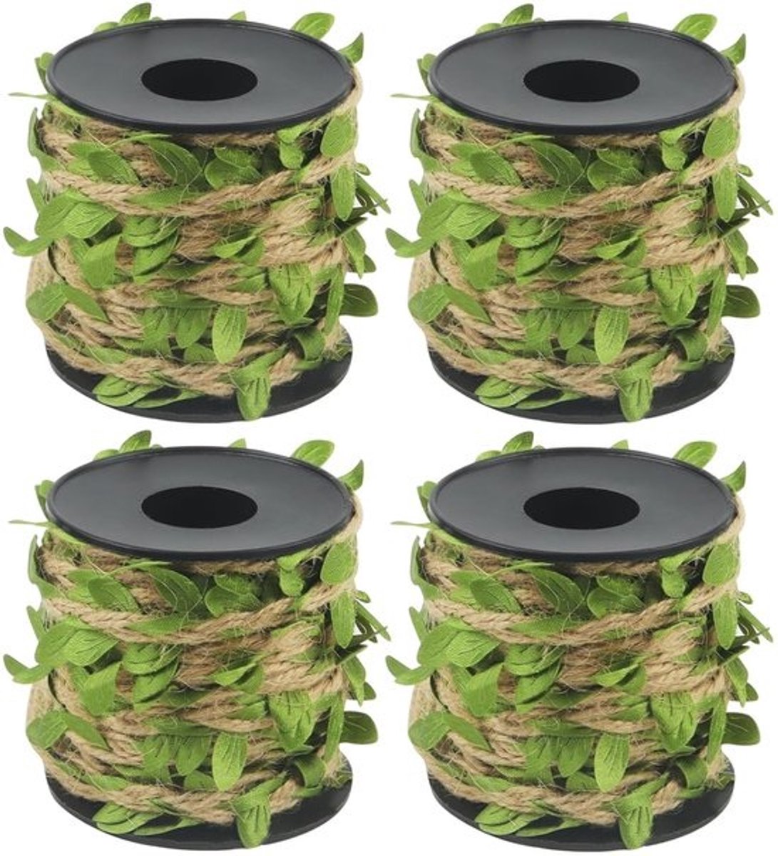 4 Rollen Jute Touw met Groene Bladeren Decoratie Touw 5mm x 10m