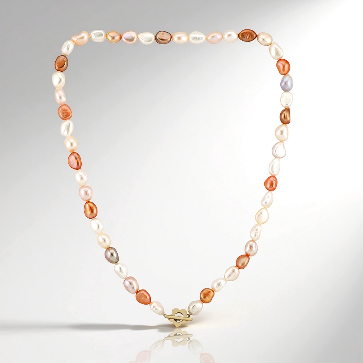 Cavill - Zoetwaterparel Ketting in 925 Zilver Verguld - Witte, Oranje & Roze Fancy Slijpvorm Parel - Chique Kleurrijk Sieraad