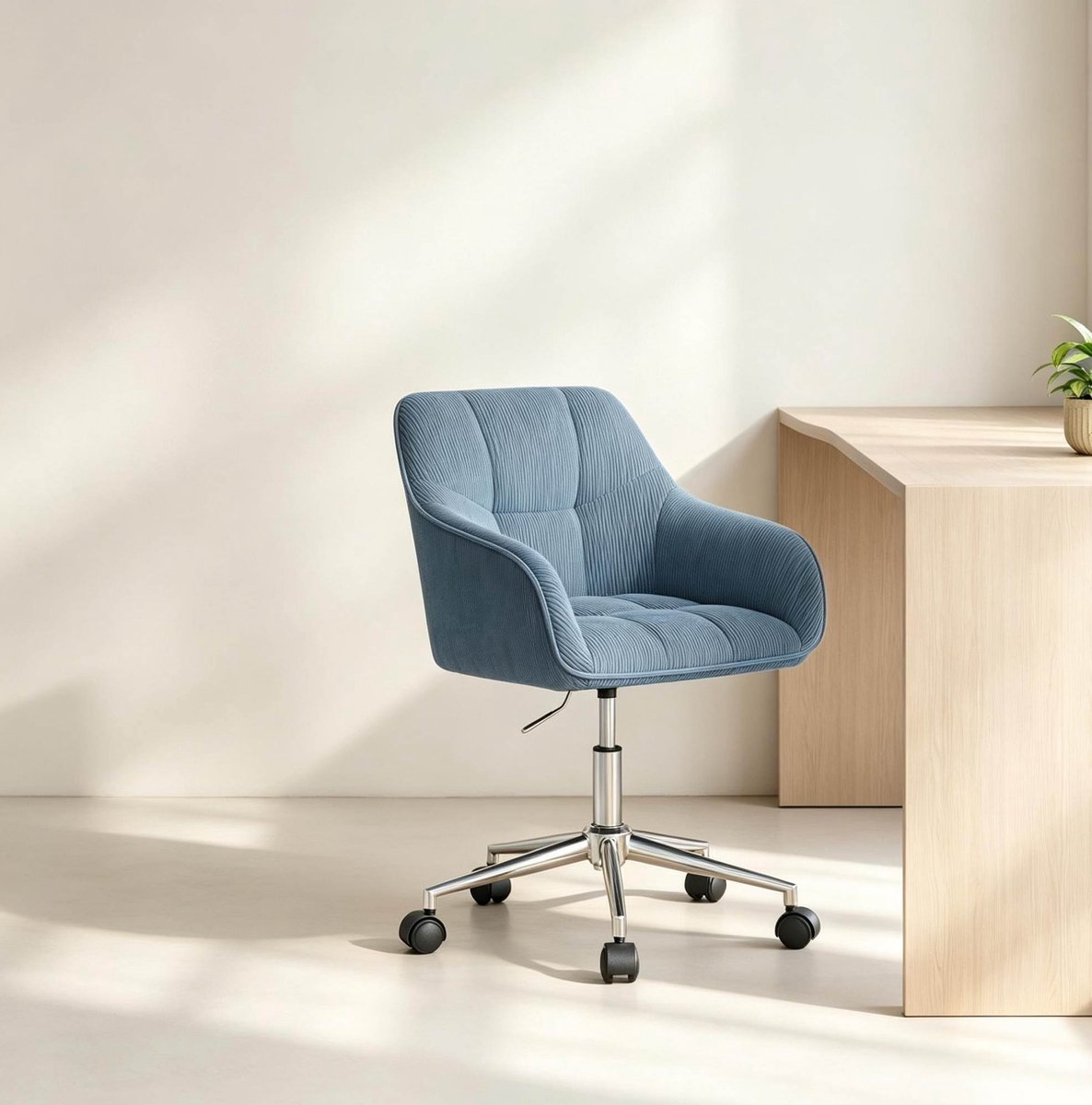 DESMIU Bureaustoel - Verstelbare Draaistoel Met Armleuningen En Wieltjes - 360 Graden Draaibaar En Comfortabel - Voor Thuiswerk En Bureau - Corduroy - Blauw