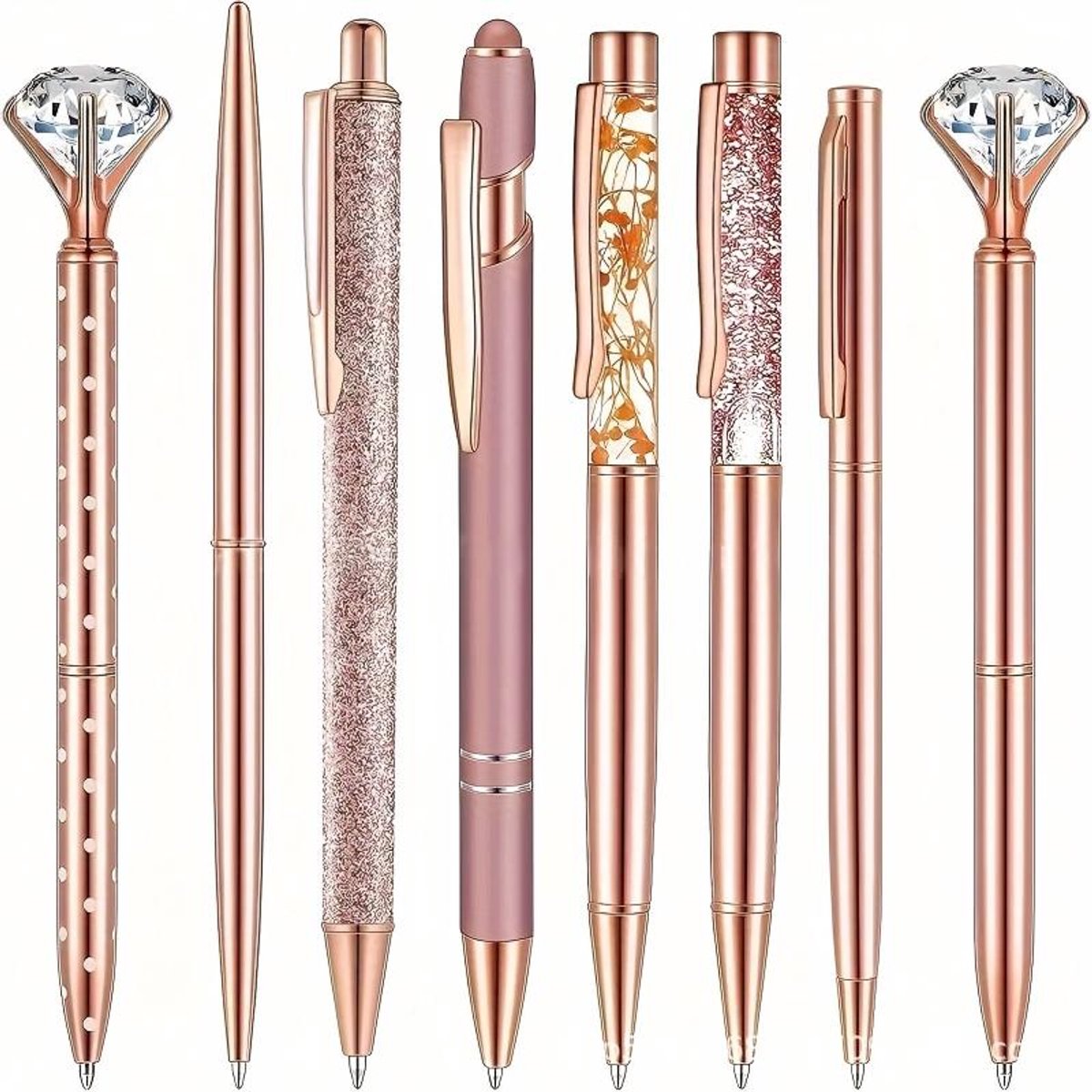 Set van 8 paarse glitterbalpennen, paarse metalen geschenkverpakkingen met grote diamanten, prachtig paars glittercadeau voor school, kantoor of bruiloft