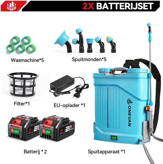 ONEVAN Accu Drukspuit - Aangedreven Rugspuit - 8 Bar Drukspuit - 20 L - met 2x Accu's en 5 Sproeikoppen - voor Gazon, Onkruid & Terras — afbeelding 2