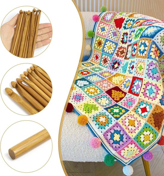 Haaknaaldset met 12 maten, gemaakt van bamboe en hout, inclusief accessoires voor katoen, wol en zijde, perfect voor zowel beginners als ervaren haakliefhebbers — afbeelding 3