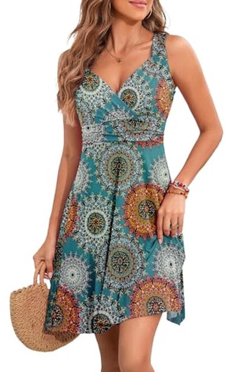 V-hals mouwloze zomerjurk voor dames - midi met bloemenpatroon