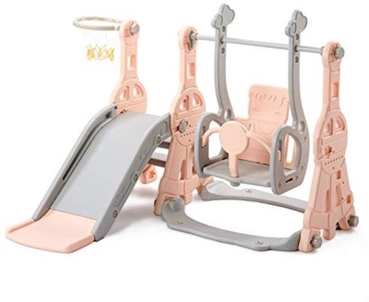 4-in-1 Glijbaan en Schommel voor Kinderen - Speeltoestel voor Binnen en Buiten met Klimfunctie en Basketbalmand