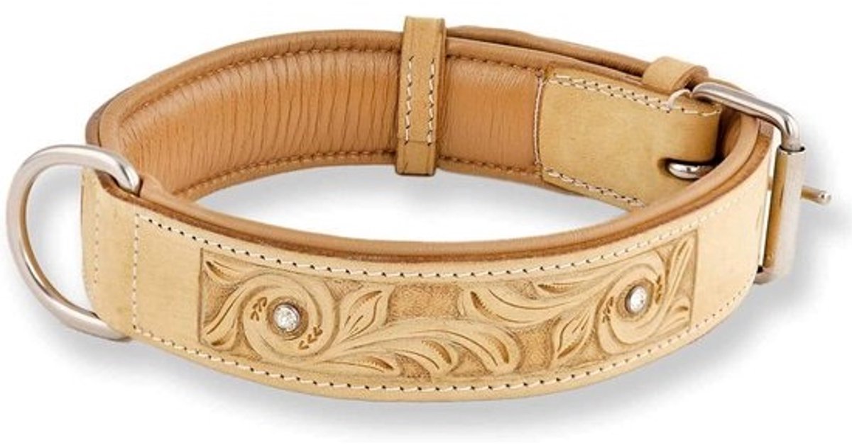 Leren Hondenhalsband met Strass - Beige Halsband voor Honden (M: 35mm x 55cm)
