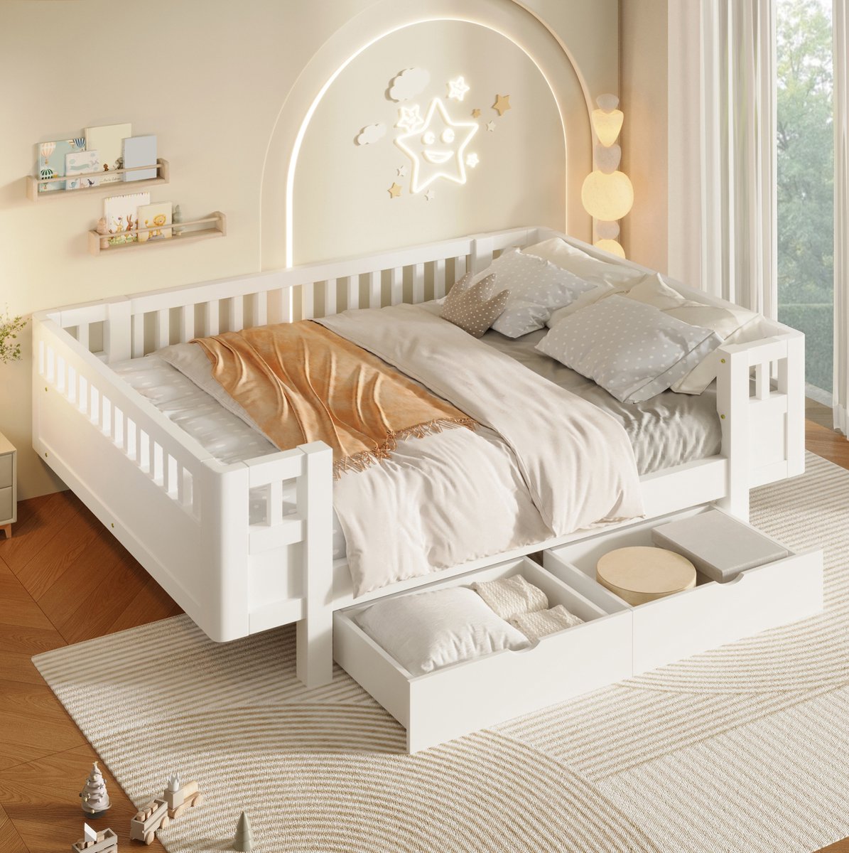 MODENUIT Bed 140 x 200 cm - Platformbed Met Hoge Beschermrand En 2 Lades - Kinderkamer - MDF - Wit
