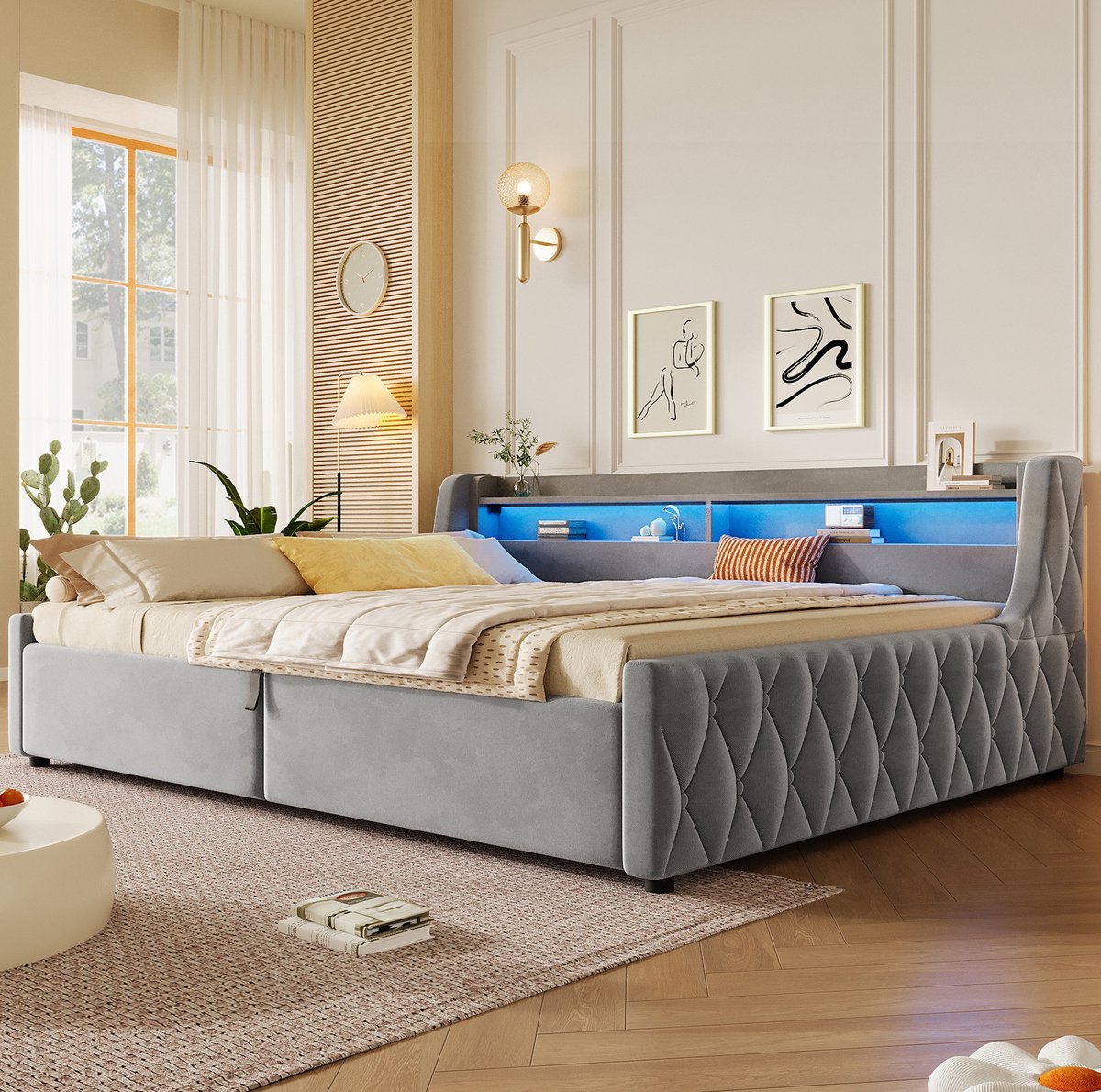 MODENUIT Bed 140 x 200 cm - Met Opbergruimte En Ledverlichting - Voor Slaapkamer - Flanel En Mdf - Grijs
