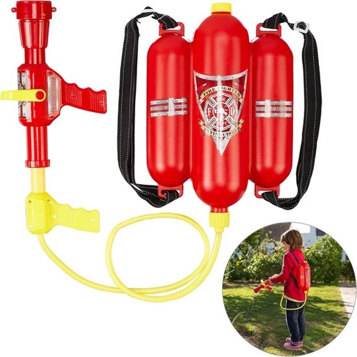 Waterpistool Brandweer - Waterspuit Rugzak - Buiten Spelen - Twee standen - 25 liter tank - Rood Geel
