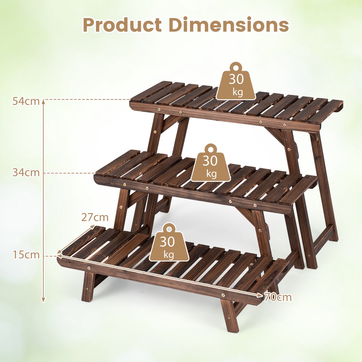 SureDeal® - Tuinier - Bloemenstandaard 3-delige Plantenstandaard - Niveaus Plantenrek Gekarboniseerd - 70x25x15 cm - Bruin