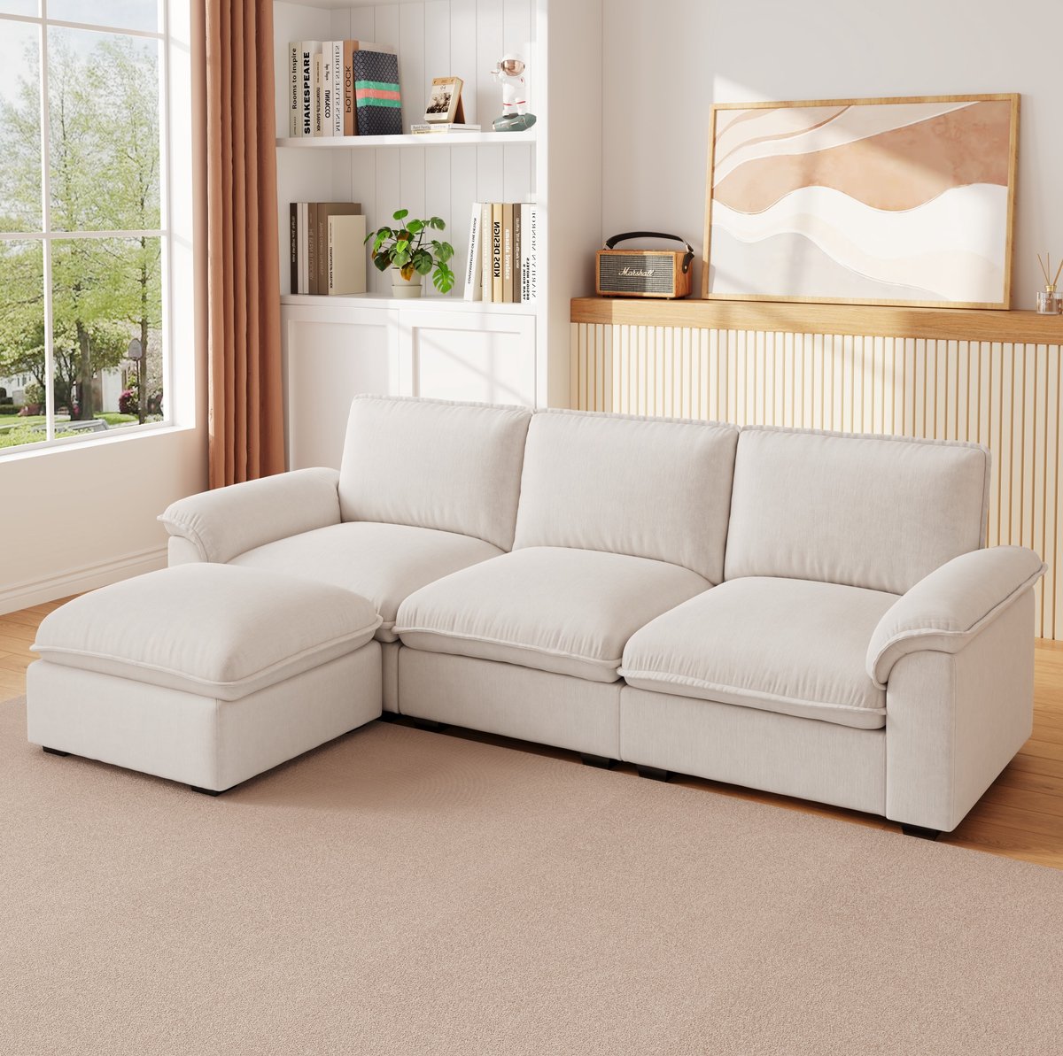 MODENUIT Hoekbank 260 x 154 x 86 cm - 4-Zits Met Ottomane En Slaapfunctie - Woonkamer - Chenille Beige