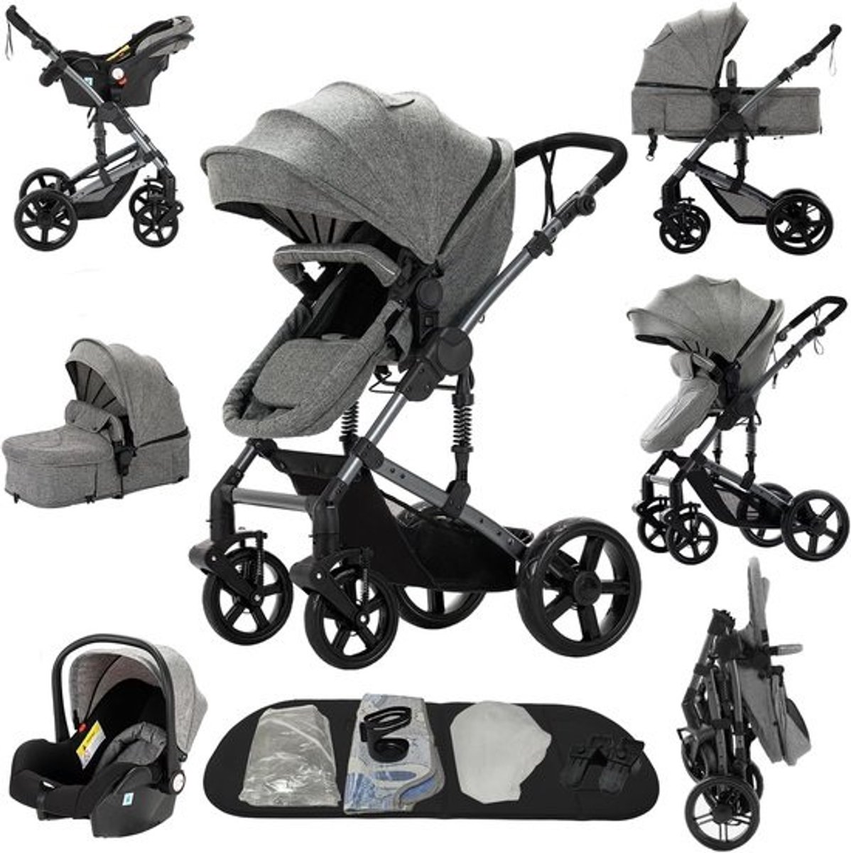 3-in-1 Combi Kinderwagen voor Pasgeborenen - Opvouwbare Buggy en Reiswieg