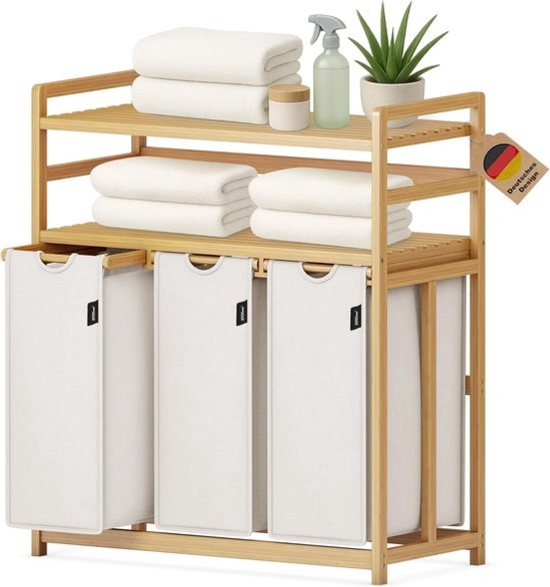Wasmand met 3 vakken - Sorteren en opbergen - Kleding sorteren - Dubbele legplank ontwerp - 148 liter capaciteit - Beige