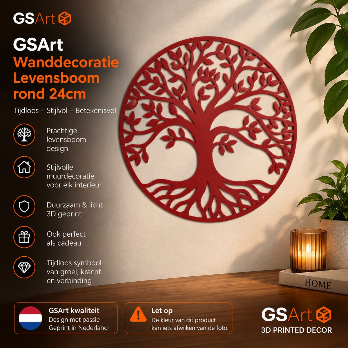 GSArt Wanddecoratie Levensboom Rond 24 cm – Muurdecoratie Tree of Life – 3D Geprint - Mat Donkerrood