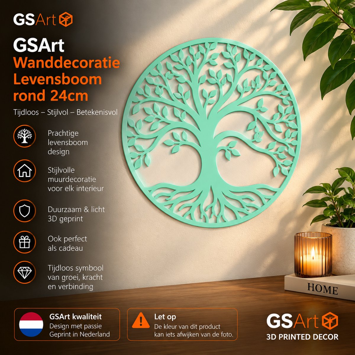 GSArt Wanddecoratie Levensboom Rond 24 cm – Muurdecoratie Tree of Life – 3D Geprint - Zijde Mint