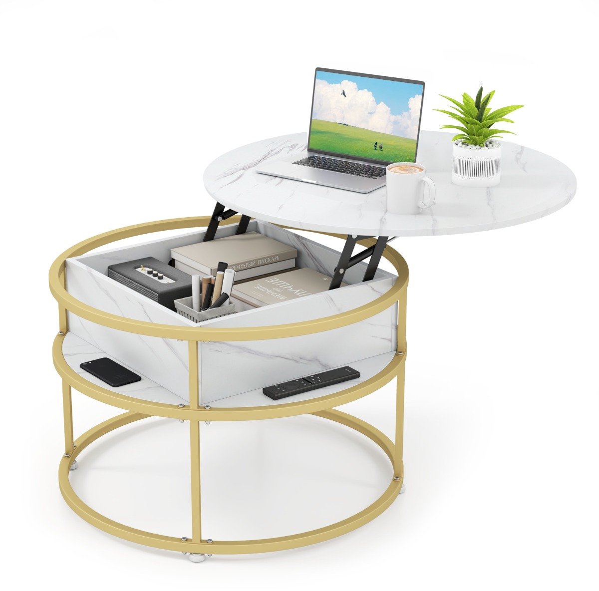 SureDeal® - Salontafel - Opklapbaar Blad Ronde - Verborgen Vak - Zijplanken Cocktailtafel - Niveaus - Woonkamers - 80x49 cm - Wit