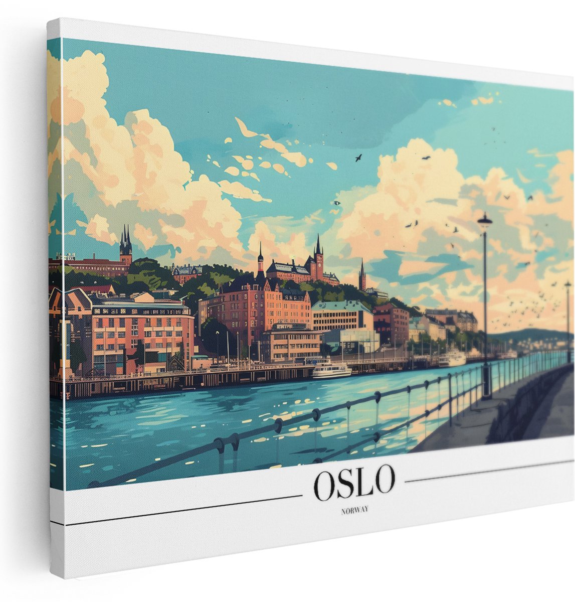 Artaza Canvas Schilderij Stad Oslo - 160x120 cm - Groot - Wanddecoratie Skyline Noorwegen - Muurdecoratie Woonkamer - Decoratie Zee