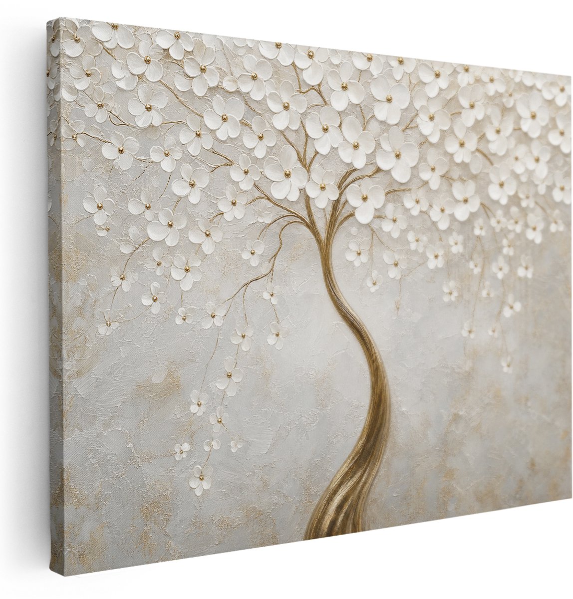 Artaza Canvas Schilderij Witte Bloemenboom - Abstract - Goud - 160x120 cm - Groot - Klein - Wanddecoratie Woonkamer - Schilderijen - Muurdecoratie
