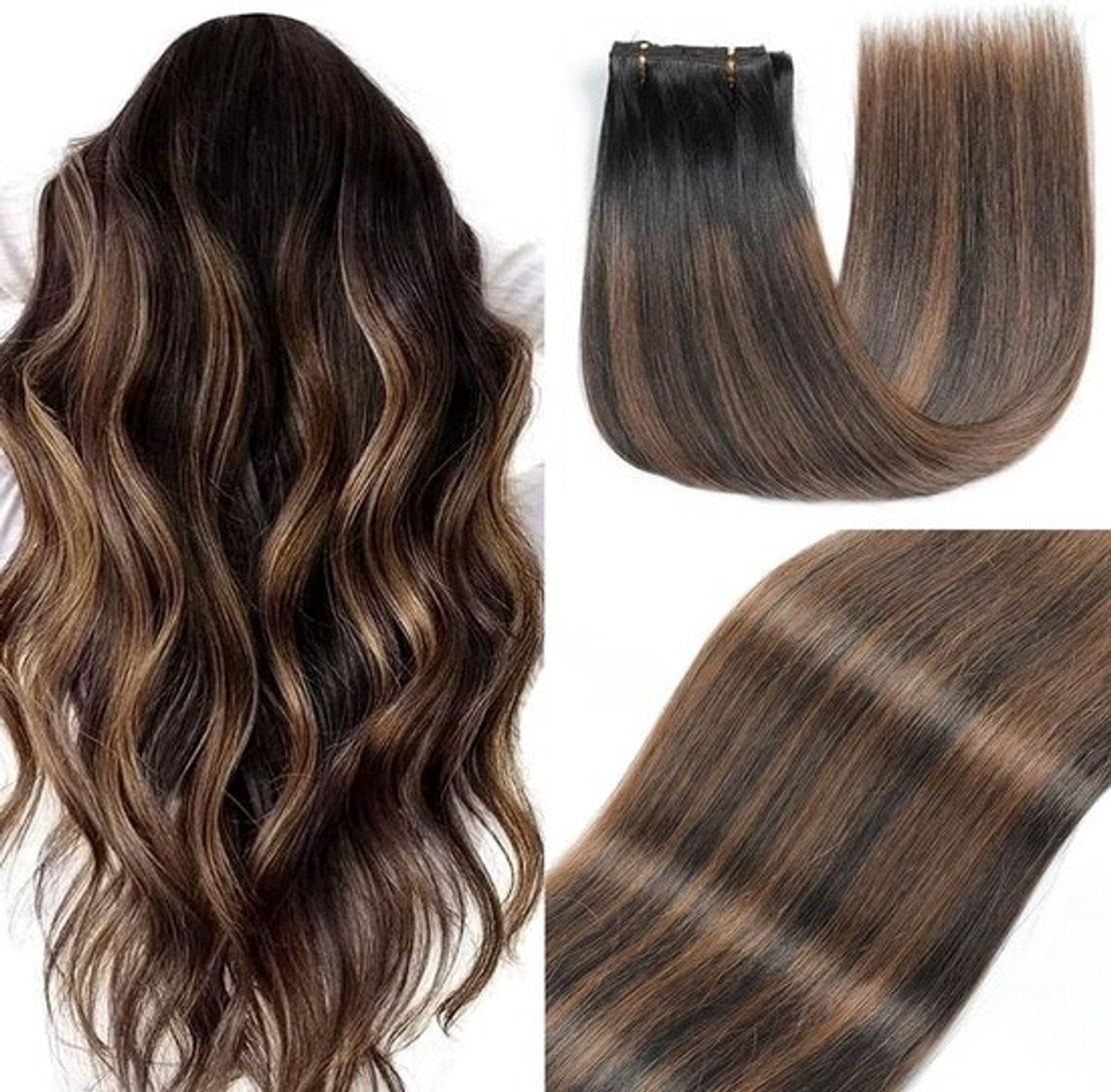 Echte Haar Clip-in Extensions Set 7 Delen 40 cm Natuurlijk Zwart met Kastanjebruin