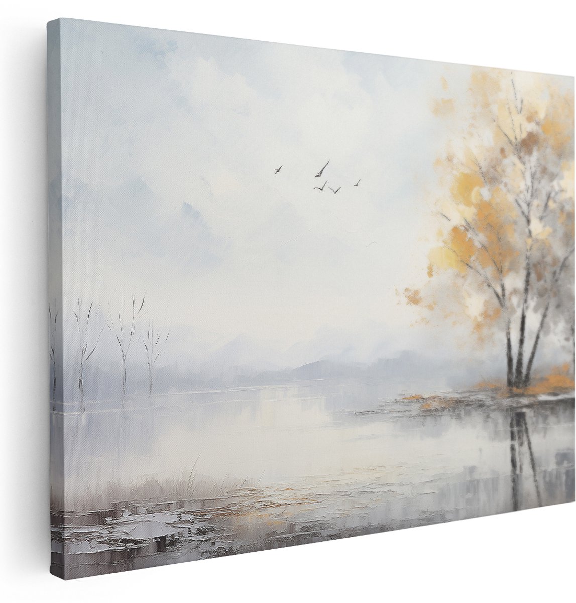 Artaza Canvas Schilderij Natuur - 160x120 cm - Groot - Wanddecoratie Herfst Landschap - Muurdecoratie Vogels - Schilderijen Op Canvas Bomen