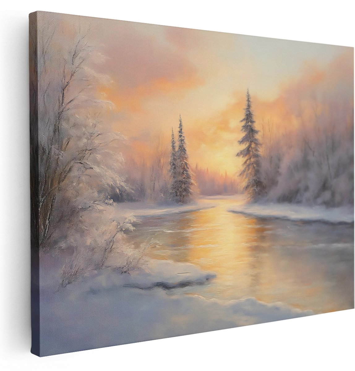Artaza Canvas Schilderij Landschap - 160x120 cm - Groot - Wanddecoratie Winter - Muurdecoratie Natuur - Decoratie Zonsopgang Rivier - Besneeuwde Bomen