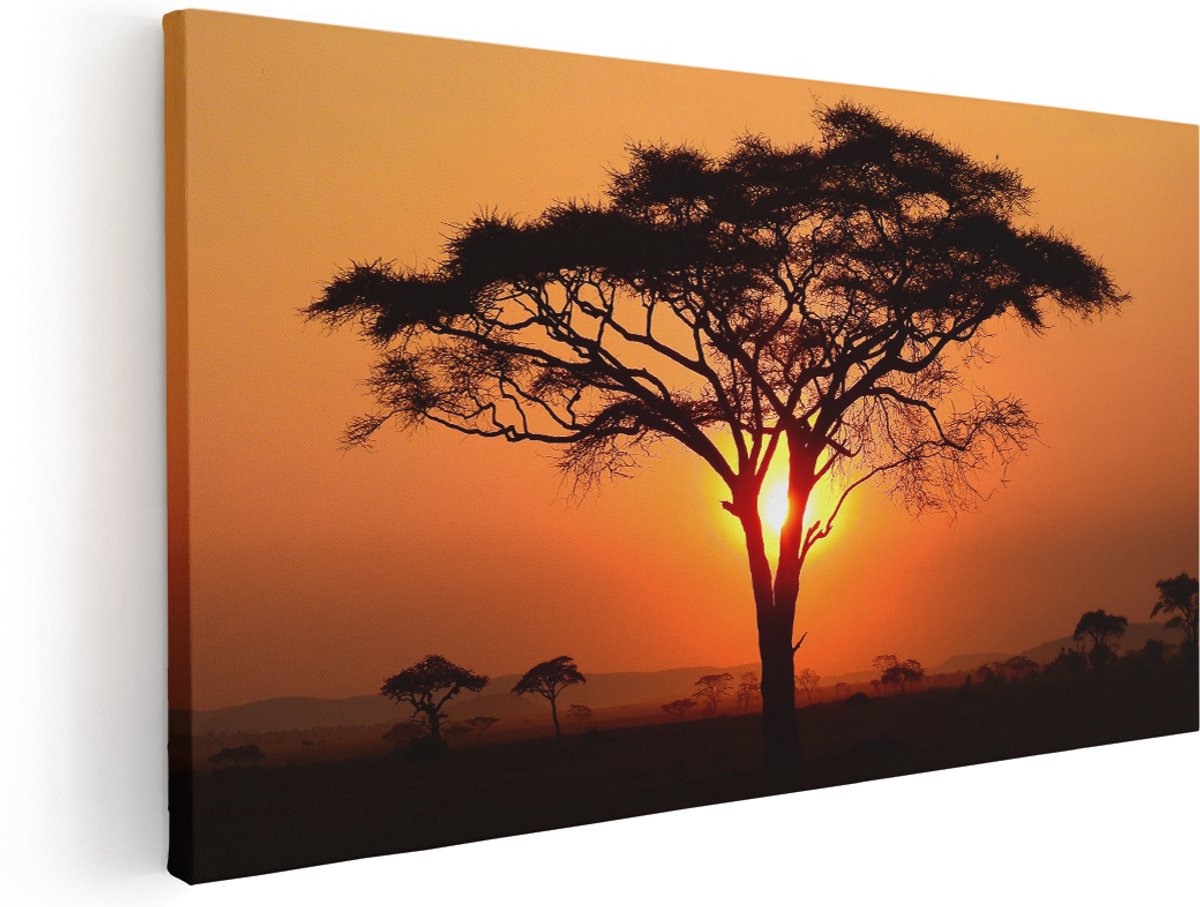 Artaza Canvas Schilderij Zonsondergang Achter Een Savanne Boom - 180x90 cm - Groot - Wanddecoratie Woonkamer - Schilderijen - Muurdecoratie