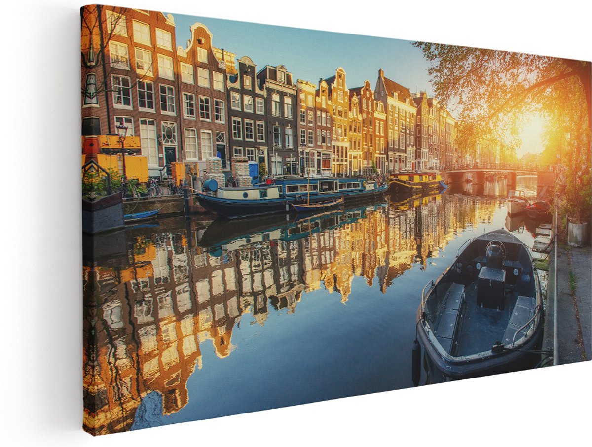 Artaza Canvas Schilderij Amsterdamse Gracht Bij Zonsondergang - 180x90 cm - Groot - Wanddecoratie Woonkamer - Schilderijen - Muurdecoratie