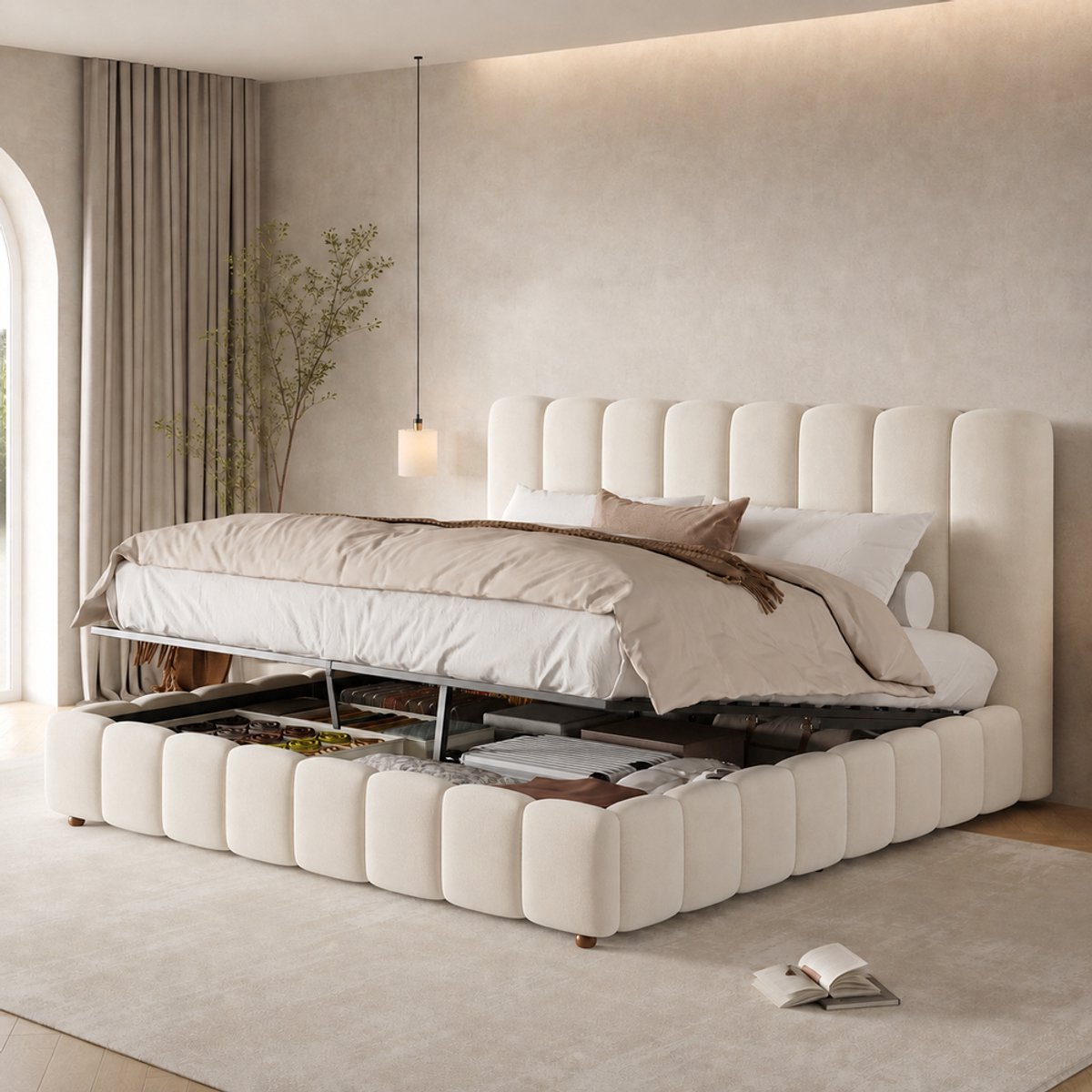 KOMHTOM Gestoffeerd bed, tweepersoonsbed, 160 x 200 cm, hydraulisch verstelbaar bed, bed met lattenbodem, hoofdeinde en ruime opbergruimte, gestoffeerd hoofdeinde, beige, fluweel