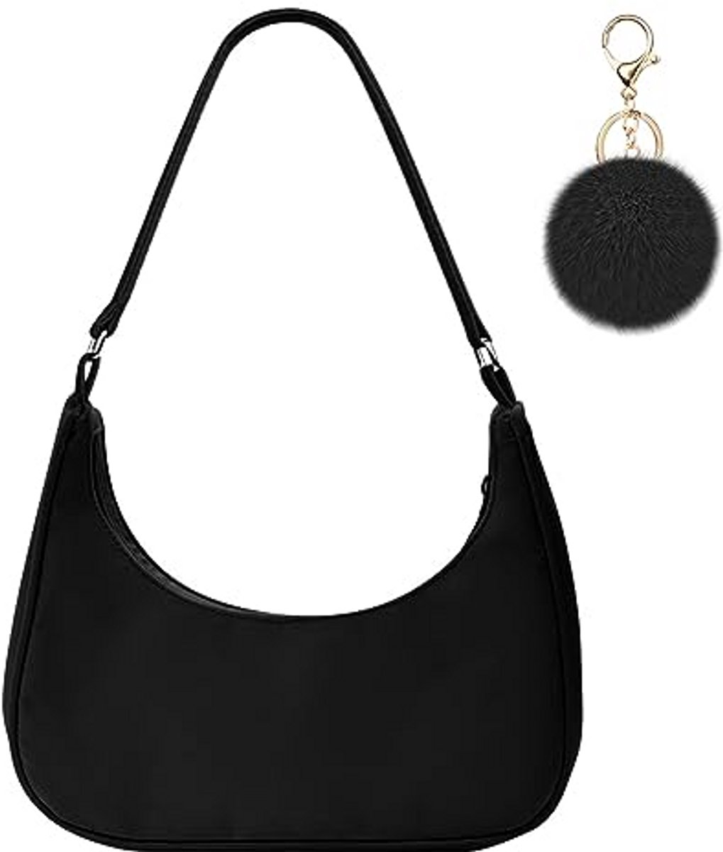 Nylon schoudertas voor dames, Y2K-minihandtas met ritssluiting en pompon-sleutelhanger, zwarte crossbodytas, 27 x 23 x 7 cm