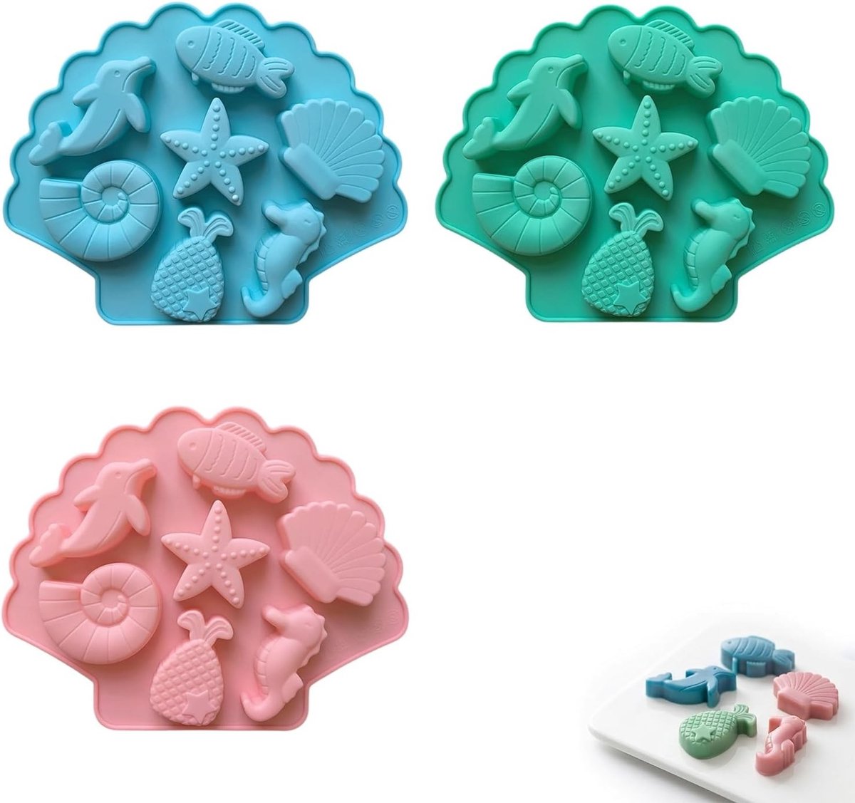 Siliconen schelpvormen voor chocolade, snoep en fondant - 3 stuks bakvormen met zeethematiek en zeesterren
