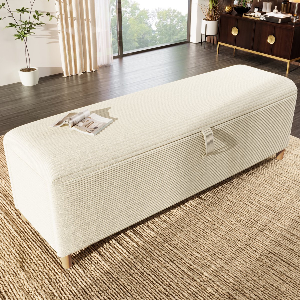 REDOM - Bedbank met opbergruimte - Cordstof bekleding - Hydraulische opbergbox - Houten poten - Slaapkamer, woonkamer en hal - Hout en MDF - Beige - 165 x 38 x 46 cm