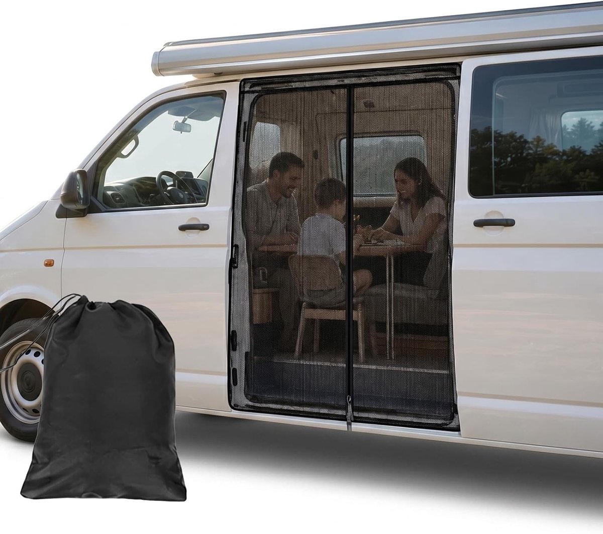 Insectenwerend Hor voor Zijkant van Deur, 148 x 115 cm, Geschikt voor VW T5 T6, Magnetisch Vliegenscherm met 3 Ritsen, Bescherming Tegen Insecten, Zonwering en Privacy voor Kamperen