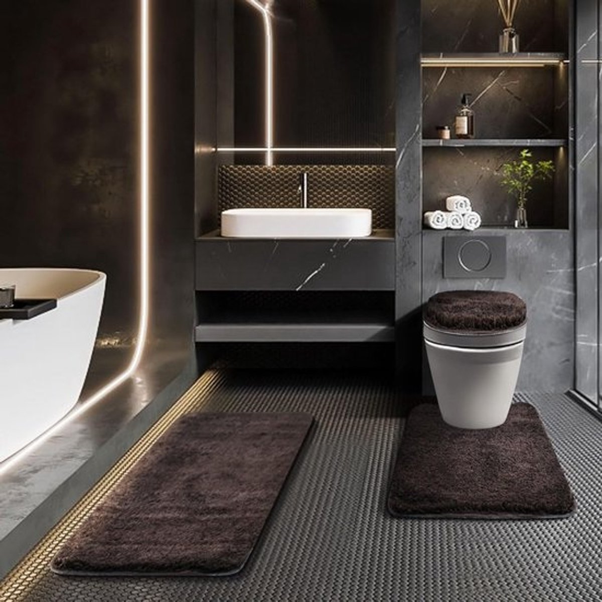Badkamertapijt Set - Toiletmat Set - Badkamer Decoratie - Antislip Achterkant - 3-Delig - Bruin
