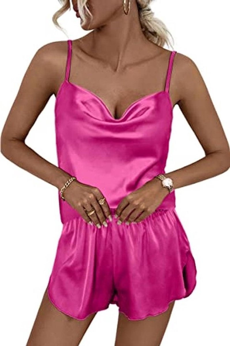 Sexy damespyjama-set van zijdesatijn met opstaande kraag en shorts