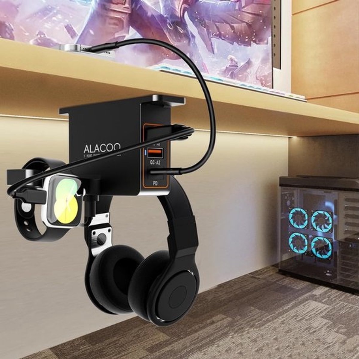 Zelfklevende Houder voor Smartwatch en Headset met 3 Poort USB Oplaadhub voor Onder Bureau
