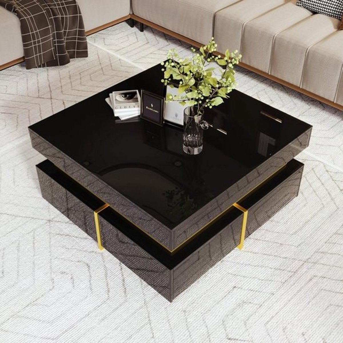 Elegante Zwarte Salontafel Hoogglans met Gouden Accent en 2 Opberglades