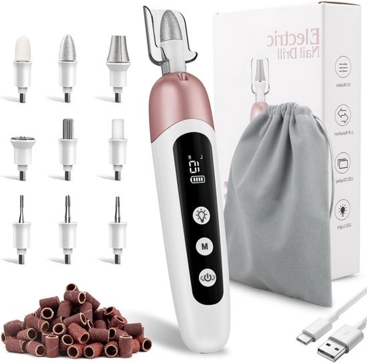Elektrische Nagelvijl Set voor Manicure en Pedicure - 9 Opzetstukken, 5 Snelheden, LED Verlichting en Opbergtas
