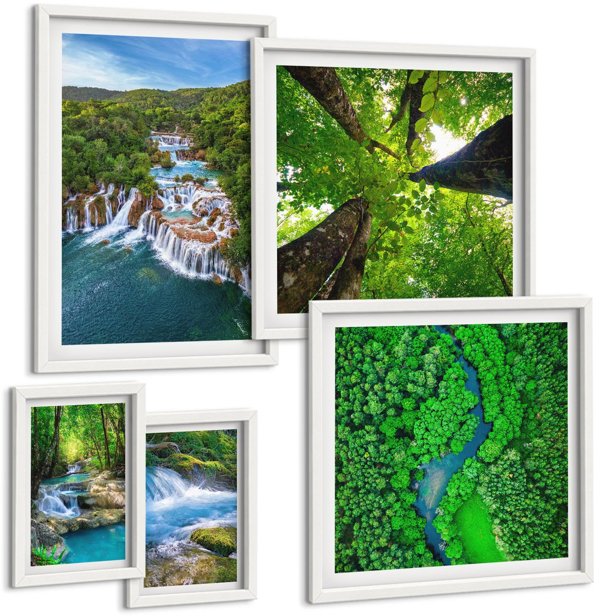 Wallfluent 5-Delige Schilderij Set - Natuurlijke Watervallen En Groene Natuurlandschappen - 50 x 50 cm, 20 x 30 cm En 40 x 60 cm - Wanddecoratie - Moderne Interieurdecoratie