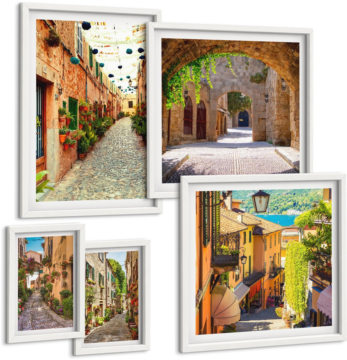 Wallfluent 5-Delige Schilderij Set - Charmante Straten Met Groene Planten In Steden - 50 x 50 cm, 20 x 30 cm En 40 x 60 cm - Wanddecoratie - Muurdecoratie - Moderne Interieurdecoratie