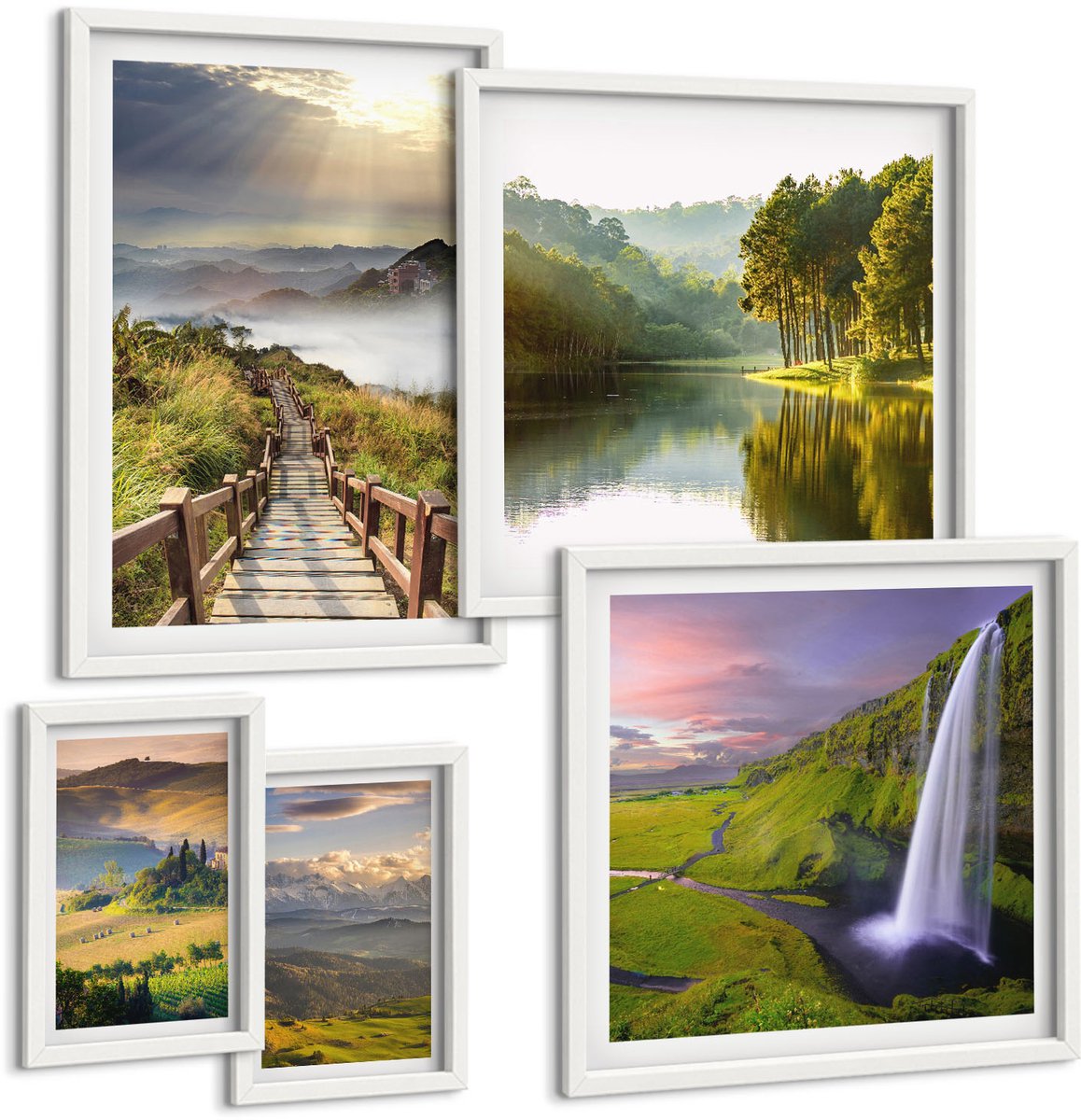 Wallfluent 5-Delige Schilderij Set - Natuurlijke Landschappen Met Watervallen En Uitzicht Op De Bergen - 50 x 50 cm, 20 x 30 cm En 40 x 60 cm - Decoratieve Schilderijen - Wanddecoratie - Hal - Muurdecoratie