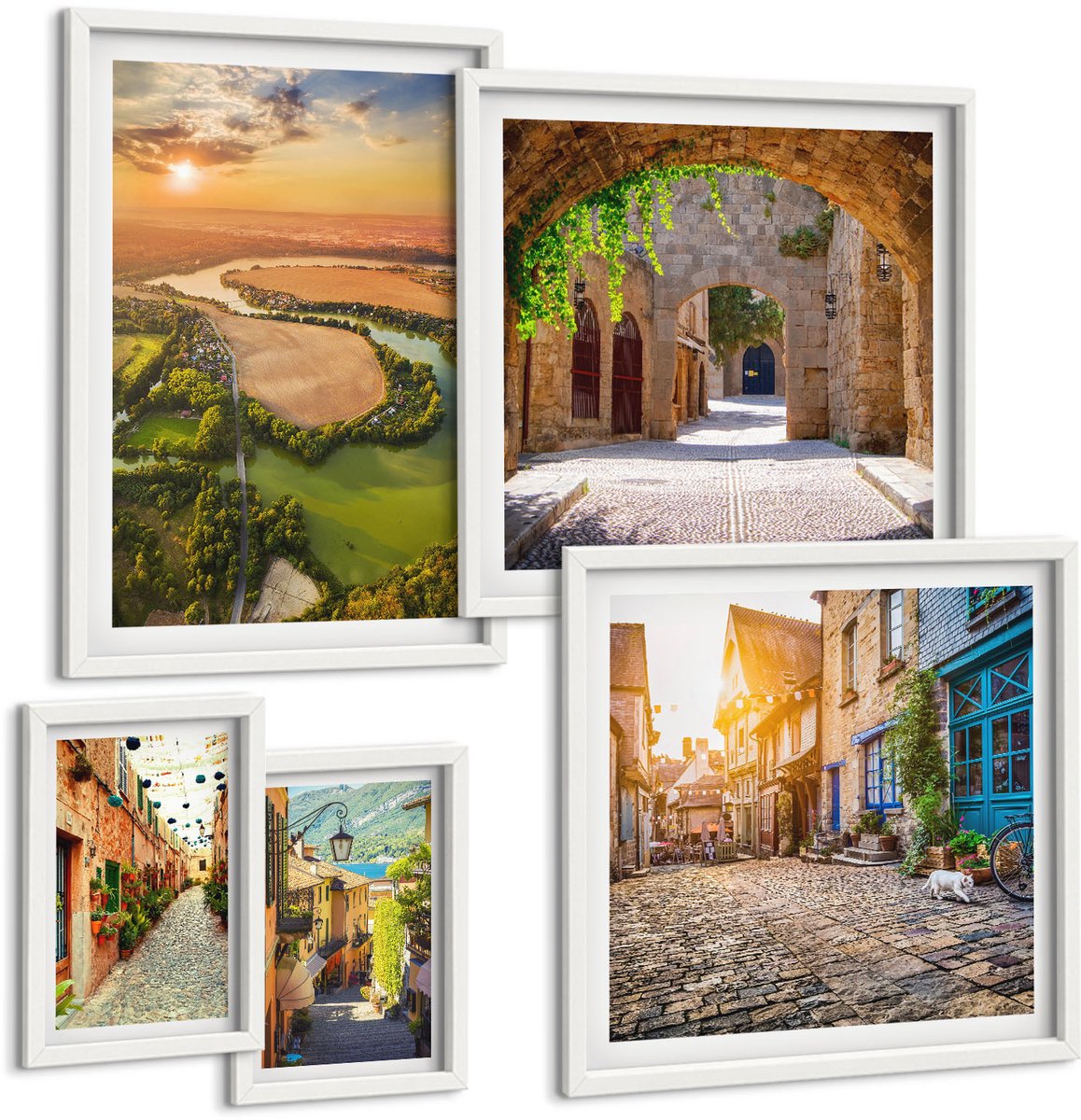Wallfluent 5-Delige Schilderij Set - Charmante Landschappen Met Pittoreske Straatjes En Natuur - 50 x 50 cm, 20 x 30 cm En 40 x 60 cm - Wanddecoratie - Schilderijen Set - Kantoor - Woonkamer Decoratie