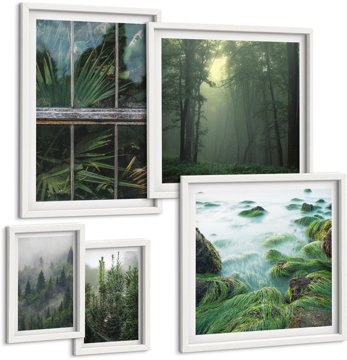 Wallfluent 5-Delige Schilderij Set - Groene Landschappen Met Bossen En Natuurlijke Vegetatie - 50 x 50 cm, 20 x 30 cm En 40 x 60 cm - Moderne Wanddecoratie - Woonkamer - Woonkamer Decoratie
