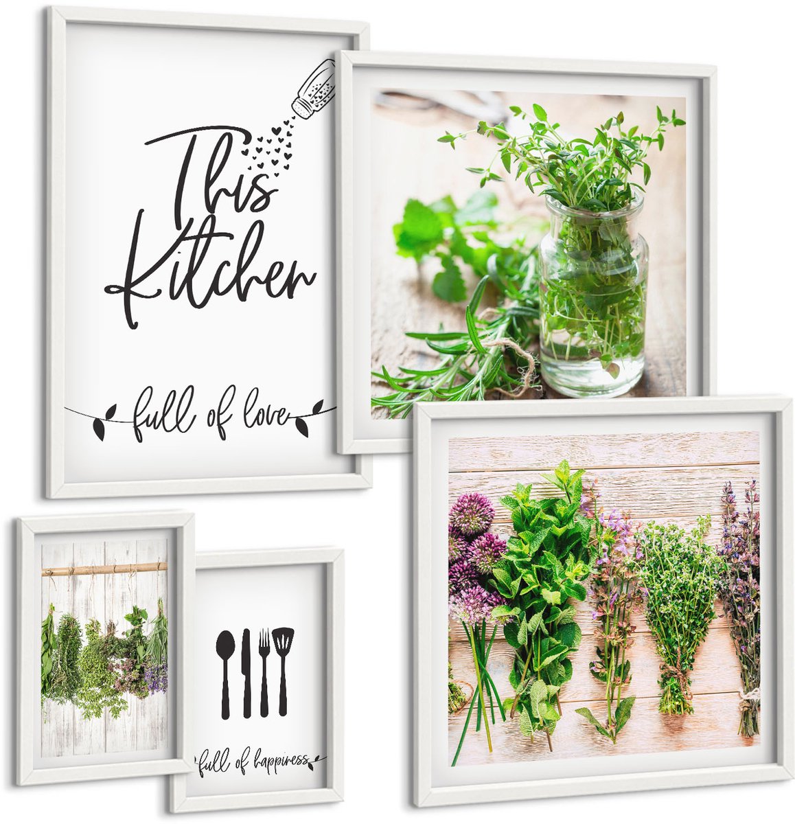 Wallfluent 5-Delige Schilderij Set - Keukeninspiratie Met Kruiden En Een Passie Voor Koken - 50 x 50 cm, 20 x 30 cm En 40 x 60 cm - Decoratieve Muurdecoratie - Slaapkamer - Wanddecoratie