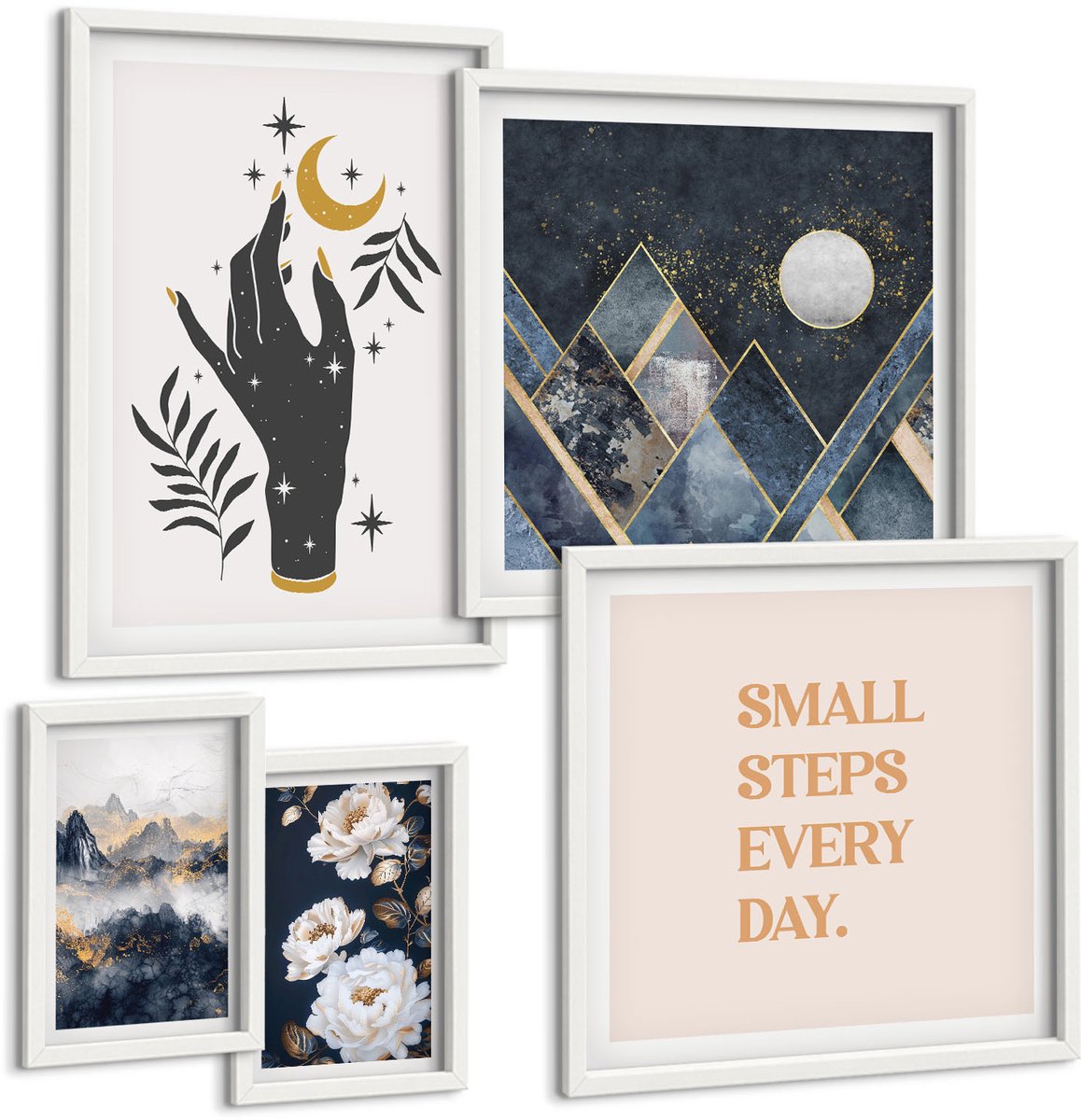 Wallfluent 5-Delige Schilderij Set - Boho-Stijl Geïnspireerd Door De Natuur En Positieve Boodschappen - 50 x 50 cm, 20 x 30 cm En 40 x 60 cm - Decoratieve Muurdecoratie - Slaapkamer - Interieur Decoratie