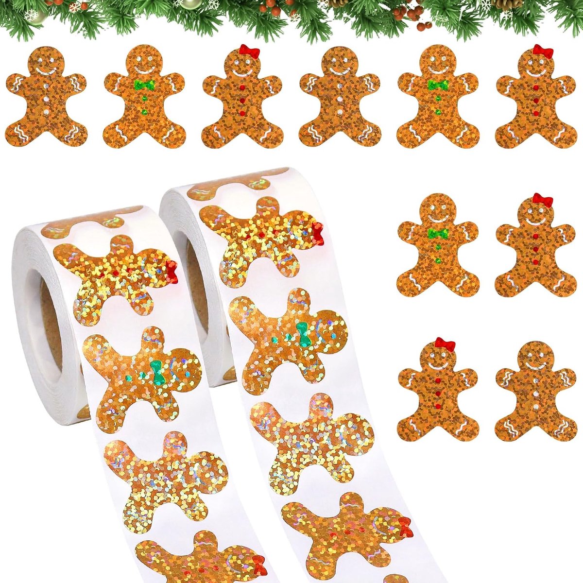 1000 stuks kerststickers, kerststickers, kerststickers, zelfklevend, glitter peperkoekman-stickers, rol, cadeaustickers, cadeau kerstdecoratie