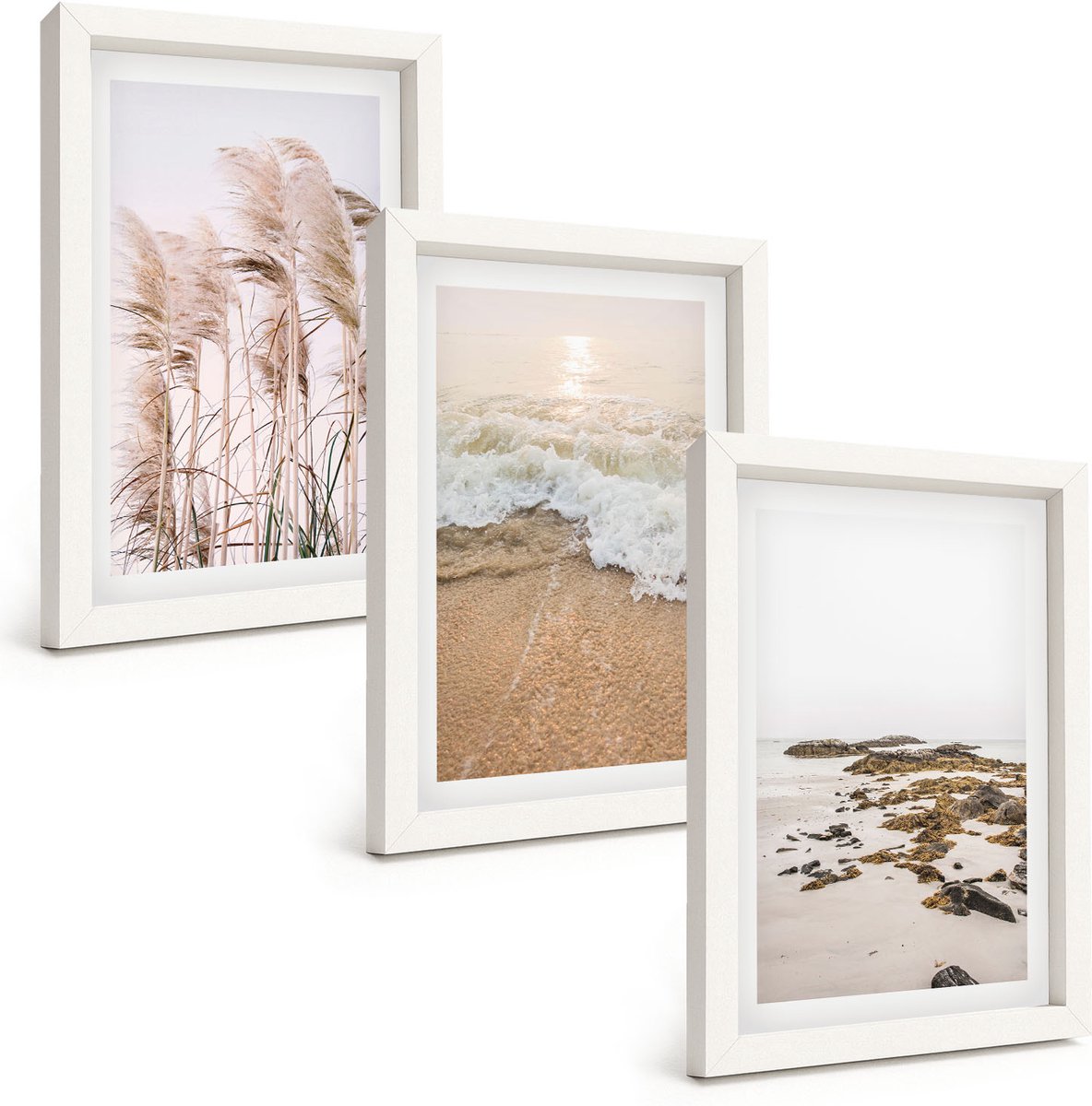 Wallfluent 3-Delige Schilderij Set - Strandgras, Golven En Zeestenen, Boho - 20 x 30 - Wanddecoratie - Moderne Interieurdecoratie - Decoratieve Schilderijen
