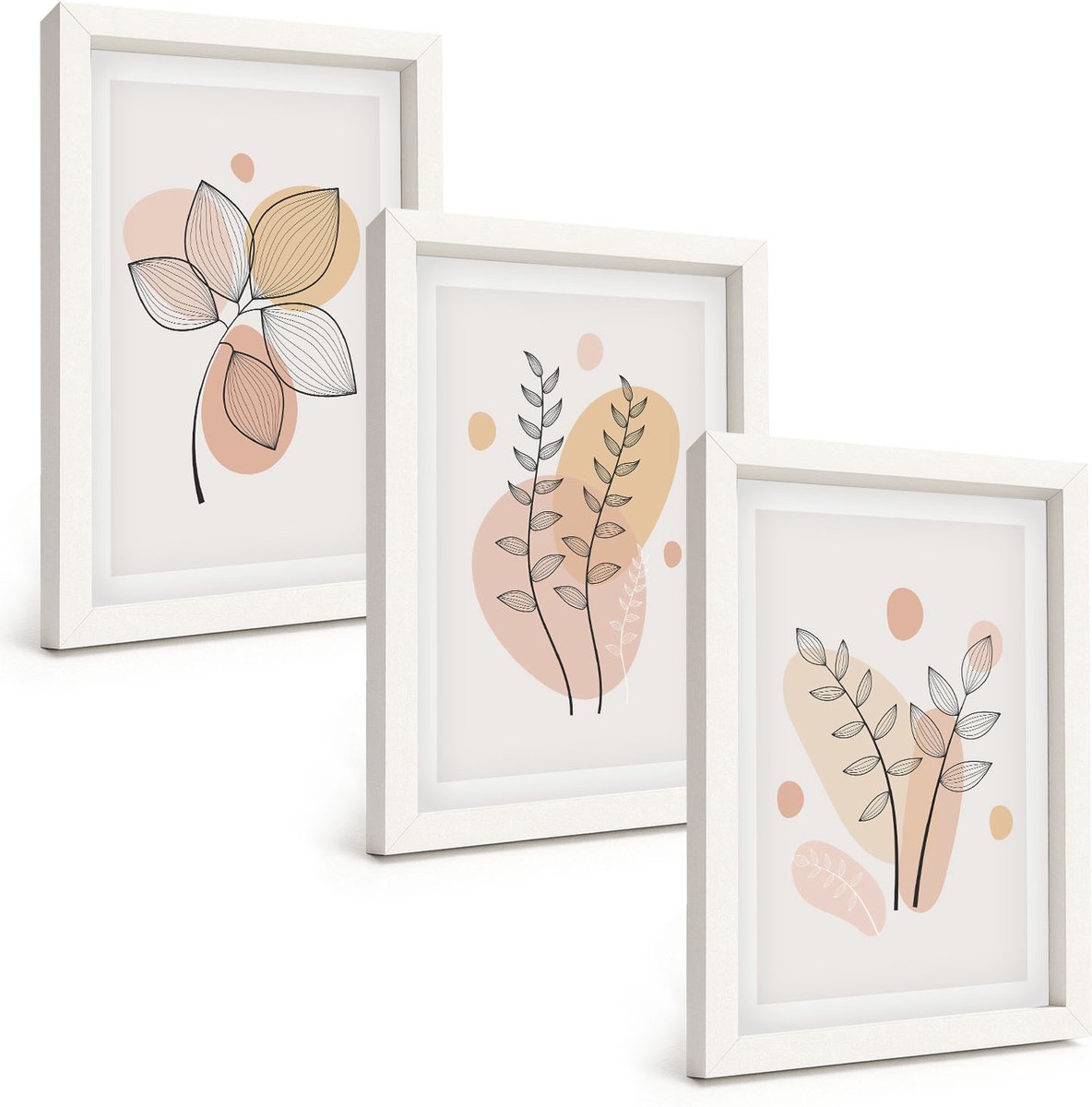 Wallfluent 3-Delige Schilderij Set - Minimalistische Planttekeningen In Pastelkleuren - 20 x 30 - Stijlvolle Wanddecoratie - Interieur - Decoratieve Schilderijen